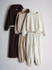 The Set Hoody Collared Button Sweatshirt Crew Wide Leg and Balloon leg Joggers 6 Piece Set Chocolate Brown/Mid Brown/Cream - Image 1 of 12