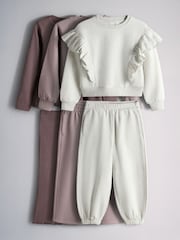 The Set 6 Piece Frill Crew Neck Long Sleeve Peplum Rib Flare Balloon Leg and Wide Leg T-Shirt and Joggers Set Purple/Lilac/Grey Marl - Image 1 of 18