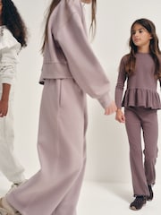 The Set 6 Piece Frill Crew Neck Long Sleeve Peplum Rib Flare Balloon Leg and Wide Leg T-Shirt and Joggers Set Purple/Lilac/Grey Marl - Image 10 of 18