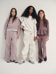 The Set 6 Piece Frill Crew Neck Long Sleeve Peplum Rib Flare Balloon Leg and Wide Leg T-Shirt and Joggers Set Purple/Lilac/Grey Marl - Image 3 of 18