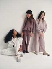 The Set 6 Piece Frill Crew Neck Long Sleeve Peplum Rib Flare Balloon Leg and Wide Leg T-Shirt and Joggers Set Purple/Lilac/Grey Marl - Image 4 of 18