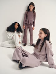 The Set 6 Piece Frill Crew Neck Long Sleeve Peplum Rib Flare Balloon Leg and Wide Leg T-Shirt and Joggers Set Purple/Lilac/Grey Marl - Image 5 of 18
