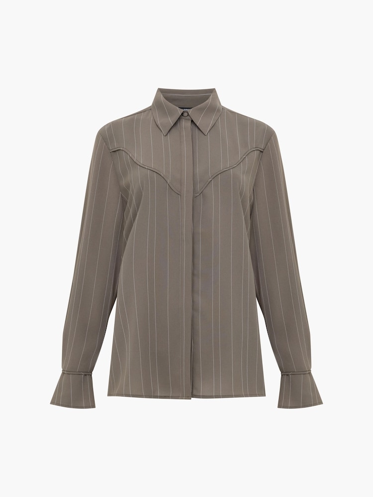 French Connection Green Erma Pinstripe Contrast Piping Western Yoke Top - Image 6 of 6 French Connection Green Erma Pinstripe Contrast Piping Western Yoke Top - Image 6 of 6