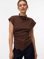 VERO MODA Brown Short Sleeve Asymmetrical Top - Image 1 of 5