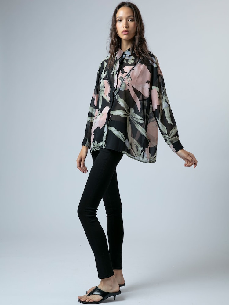 Religion Black Oversized Ava Shirt in Beautiful Floral Prime Print and Bead Detail - Image 2 of 4