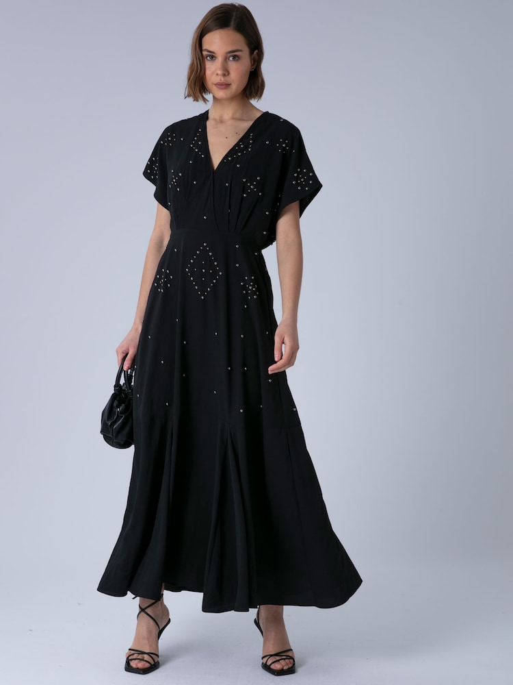 Religion Black Sarah Maxi Boho Occasion Dress With All Over Stud And Embelishment In Silver And Gold - Image 1 of 8