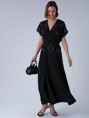 Religion Black Sarah Maxi Boho Occasion Dress With All Over Stud And Embelishment In Silver And Gold - Image 6 of 8