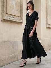 Religion Black Sarah Maxi Boho Occasion Dress With All Over Stud And Embelishment In Silver And Gold - Image 7 of 8
