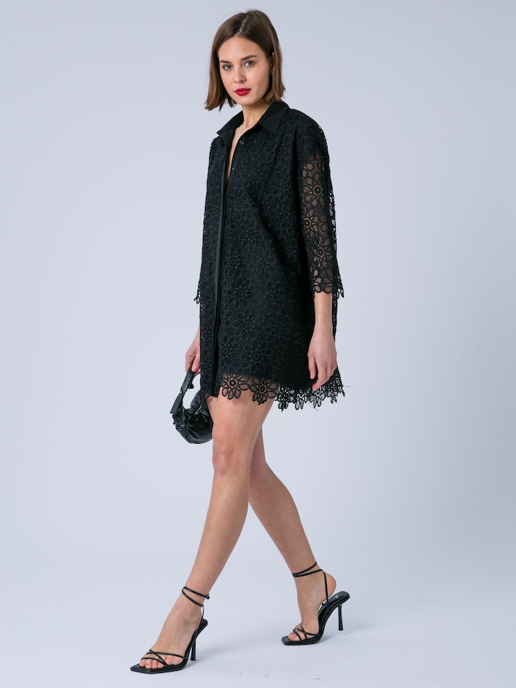 Religion Black Ellie Oversized Occasion Shirt Kaftan Dress In Intricate Lace - Image 1 of 8
