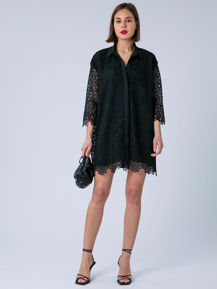 Religion Black Ellie Oversized Occasion Shirt Kaftan Dress In Intricate Lace - Image 2 of 8