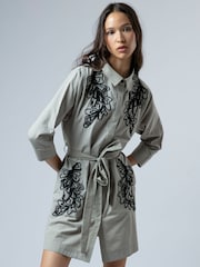 Religion Grey Sophie Shirt Dress In Light Cotton With Contrast Floral Bead Work - Image 1 of 6
