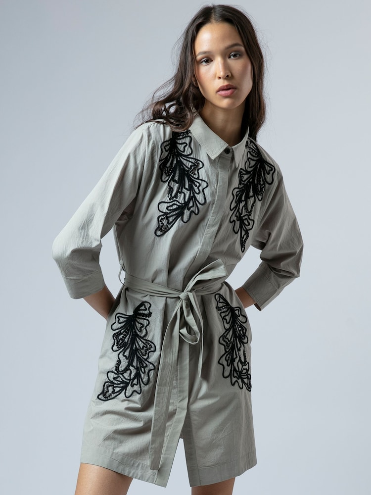 Religion Grey Sophie Shirt Dress In Light Cotton With Contrast Floral Bead Work - Image 1 of 6