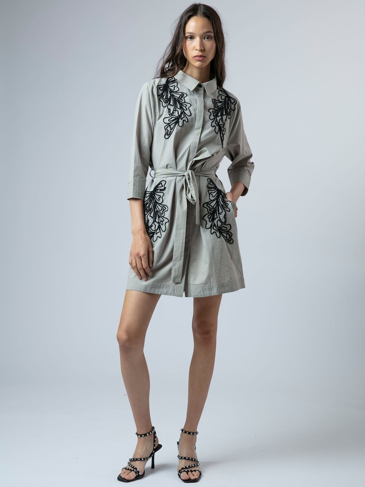 Religion Grey Sophie Shirt Dress In Light Cotton With Contrast Floral Bead Work - Image 2 of 6