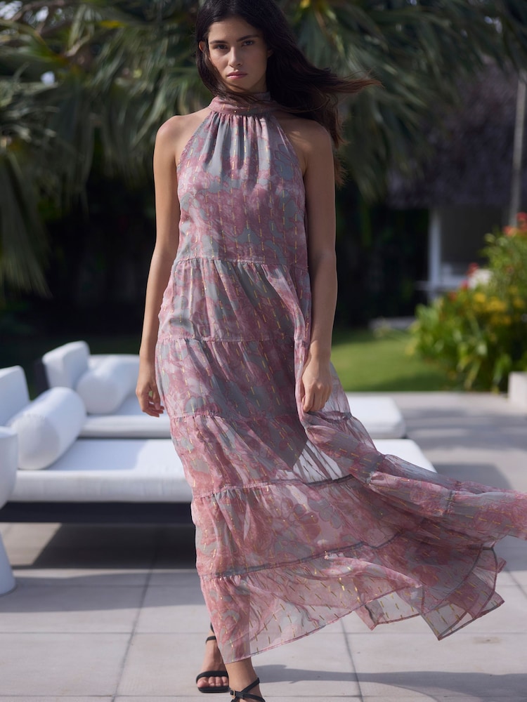 Religion Citrine Tiered Maxi Halter Neck Occasion Dress In Gold Jaquard With Tie Dye - 画像 1 / 7