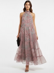 Religion Citrine Tiered Maxi Halter Neck Occasion Dress In Gold Jaquard With Tie Dye - 画像 2 / 7