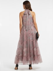 Religion Citrine Tiered Maxi Halter Neck Occasion Dress In Gold Jaquard With Tie Dye - 画像 3 / 7