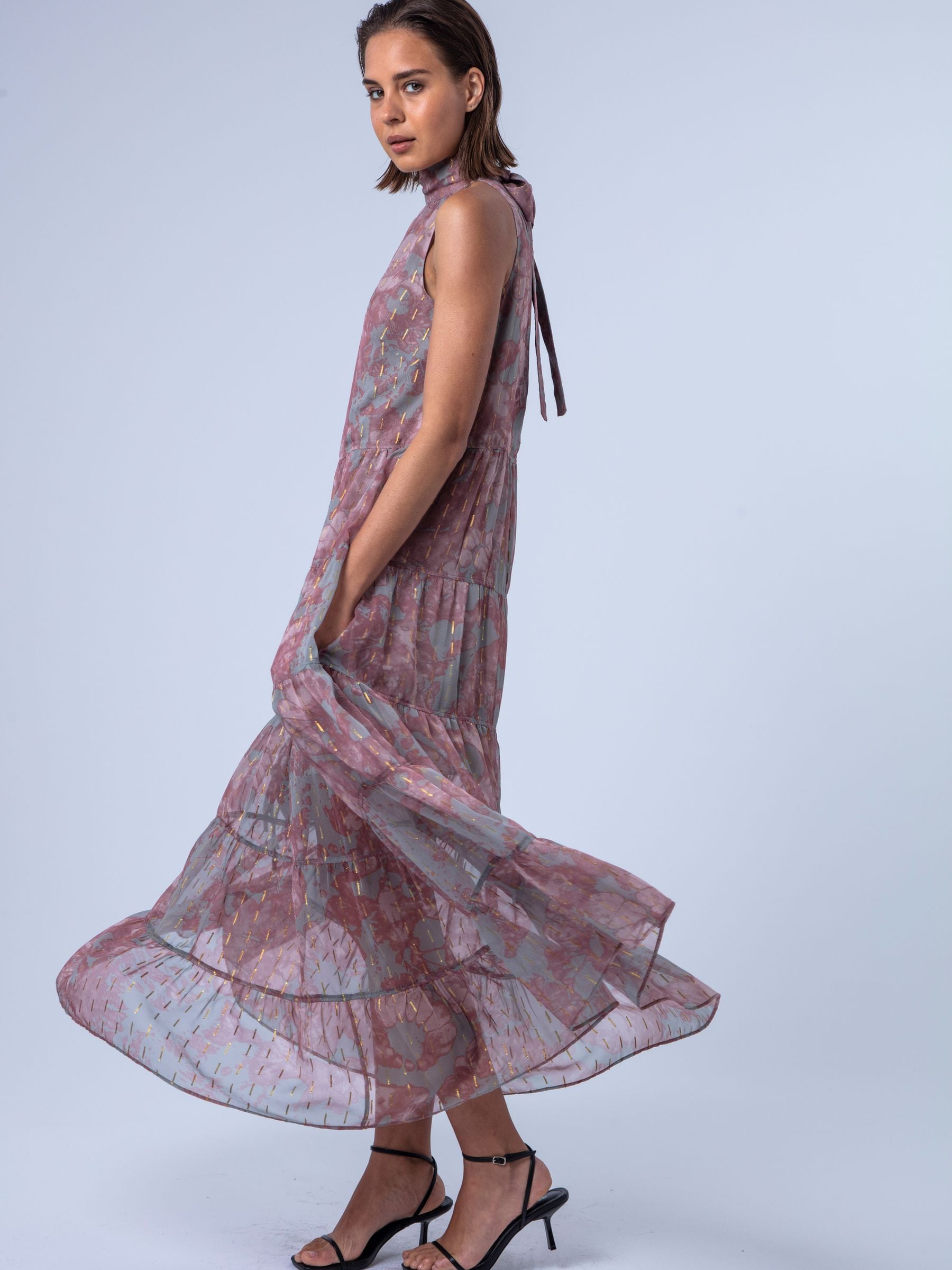 Buy Religion Pink Citrine Tiered Maxi Halter Neck Occasion Dress