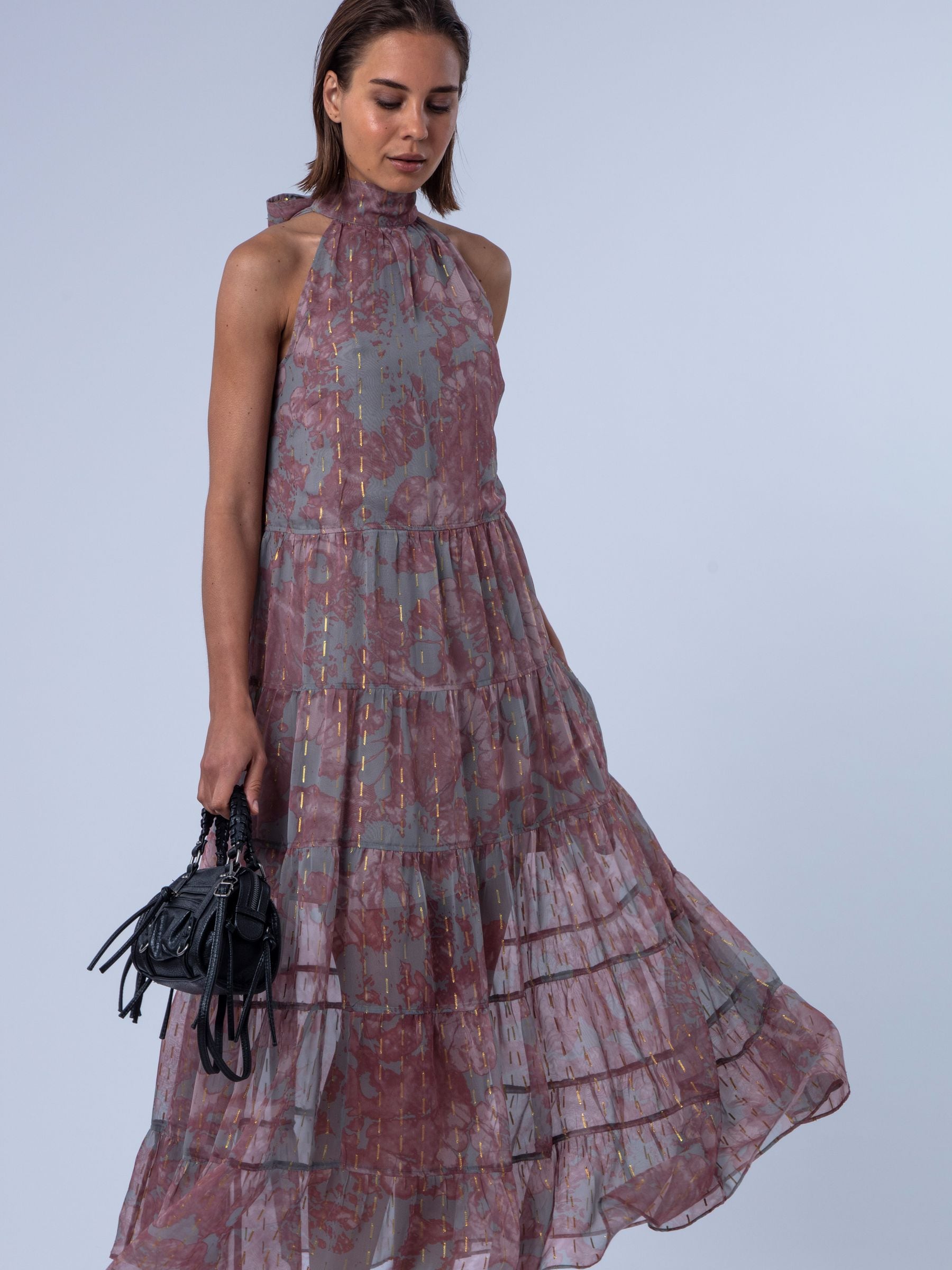 Buy Religion Pink Citrine Tiered Maxi Halter Neck Occasion Dress