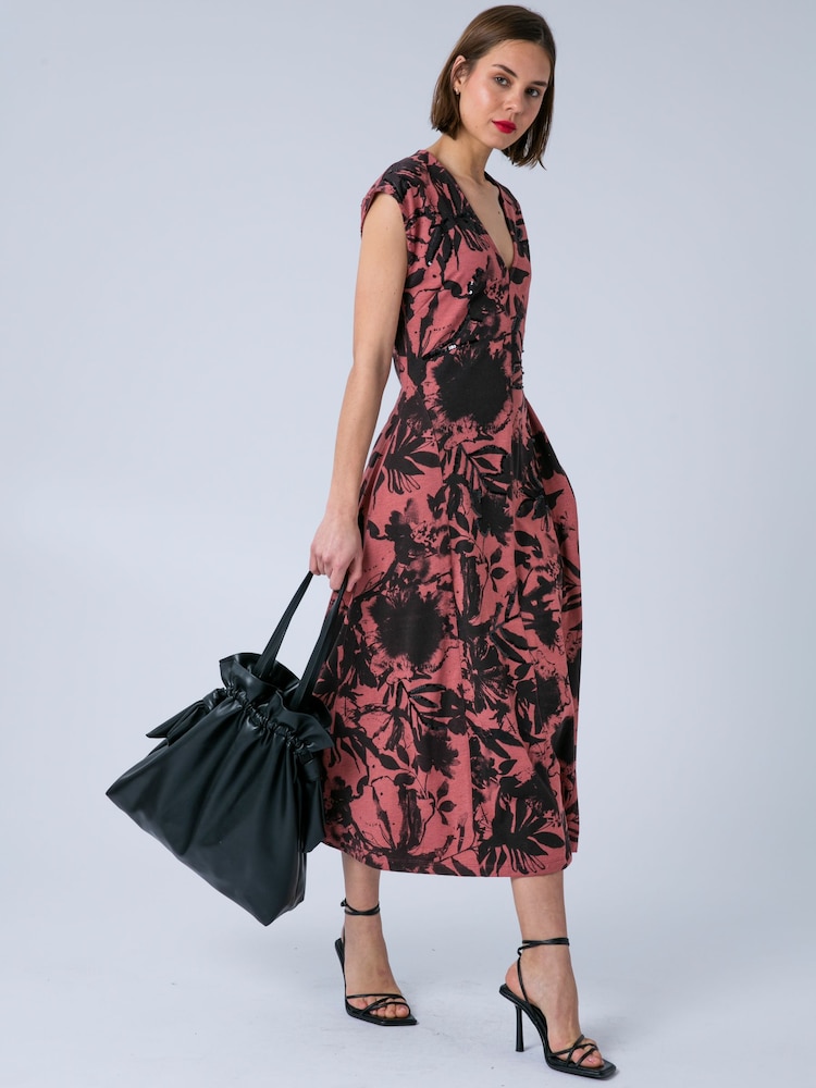 Religion Orange Libby V-Neck Jersey Dress In Coral Floral Print With Beading And Pockets - Image 1 of 7