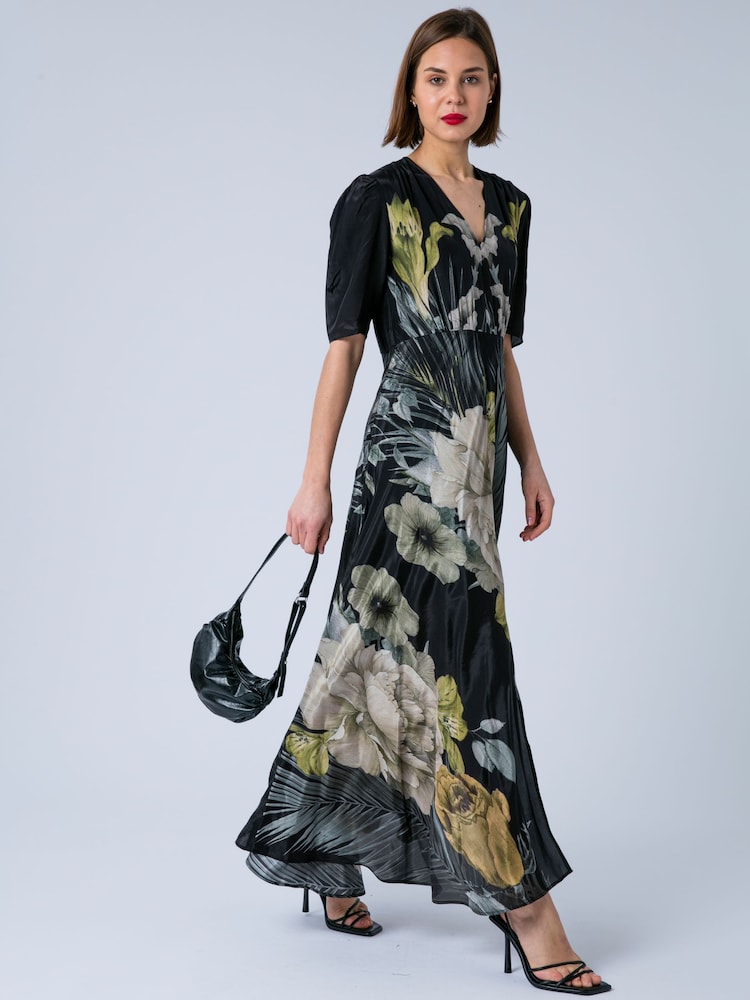 Religion Black/Yellow Short Sleeved Diana Maxi Tea Dress With Large Rose Placement Print In Cupro - Image 1 of 7
