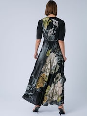 Religion Black/Yellow Short Sleeved Diana Maxi Tea Dress With Large Rose Placement Print In Cupro - Image 5 of 7