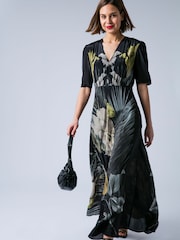 Religion Black/Yellow Short Sleeved Diana Maxi Tea Dress With Large Rose Placement Print In Cupro - Image 6 of 7