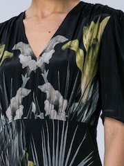 Religion Black/Yellow Short Sleeved Diana Maxi Tea Dress With Large Rose Placement Print In Cupro - Image 7 of 7