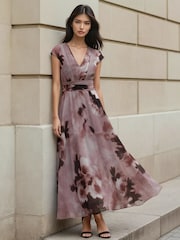 Religion Pink Lilian Maxi V-Neck Occasion Dress With Tie Waist and Stud Neck trim in Ocelot - Image 1 of 8