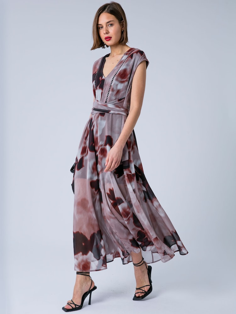 Religion Pink Lilian Maxi V-Neck Occasion Dress With Tie Waist and Stud Neck trim in Ocelot - Image 2 of 8