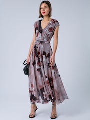 Religion Pink Lilian Maxi V-Neck Occasion Dress With Tie Waist and Stud Neck trim in Ocelot - Image 3 of 8