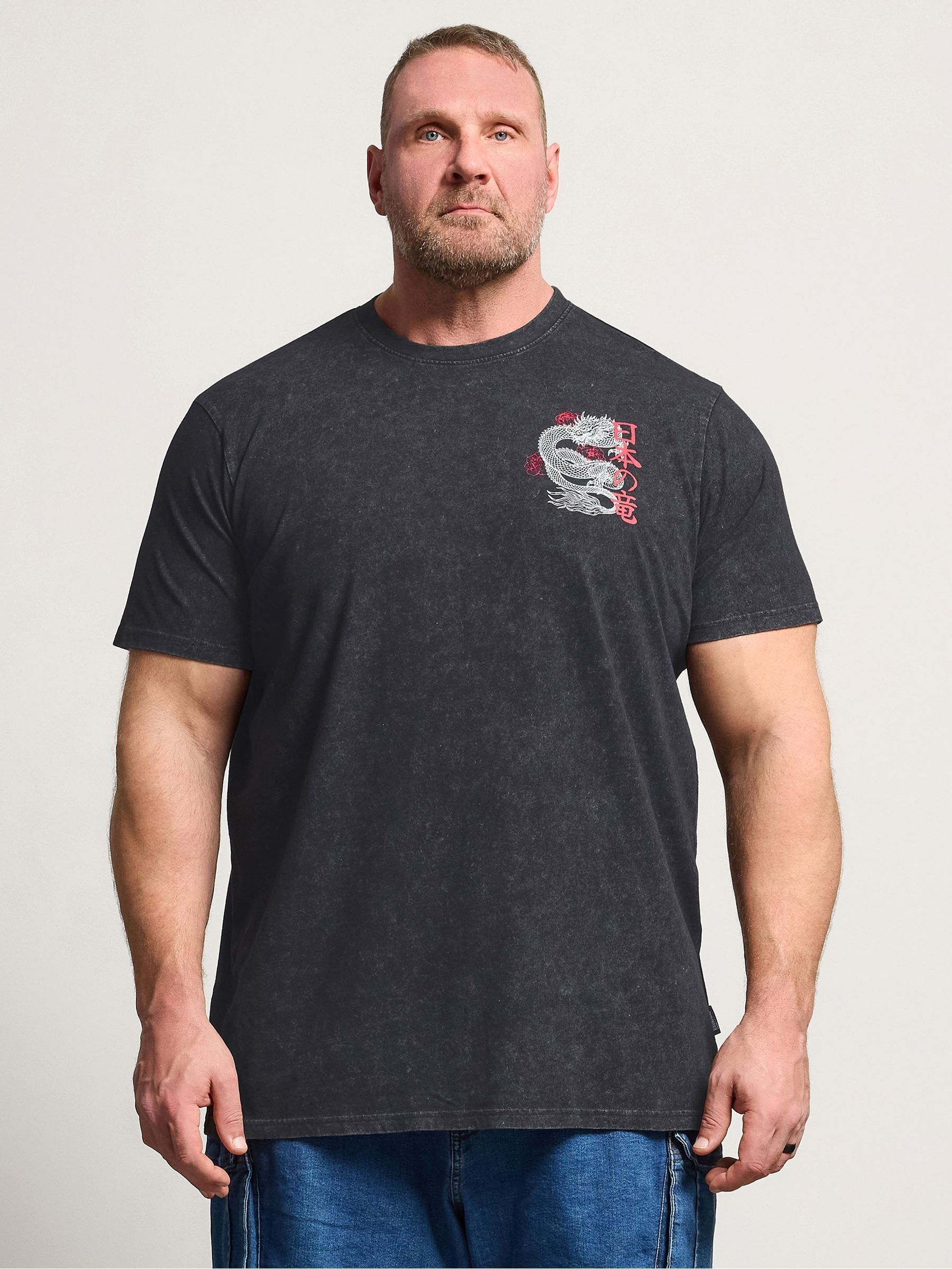Badrhino Big & Tall Men's Black Longline Acid Wash Dragon Print T-Shirt - Image 1