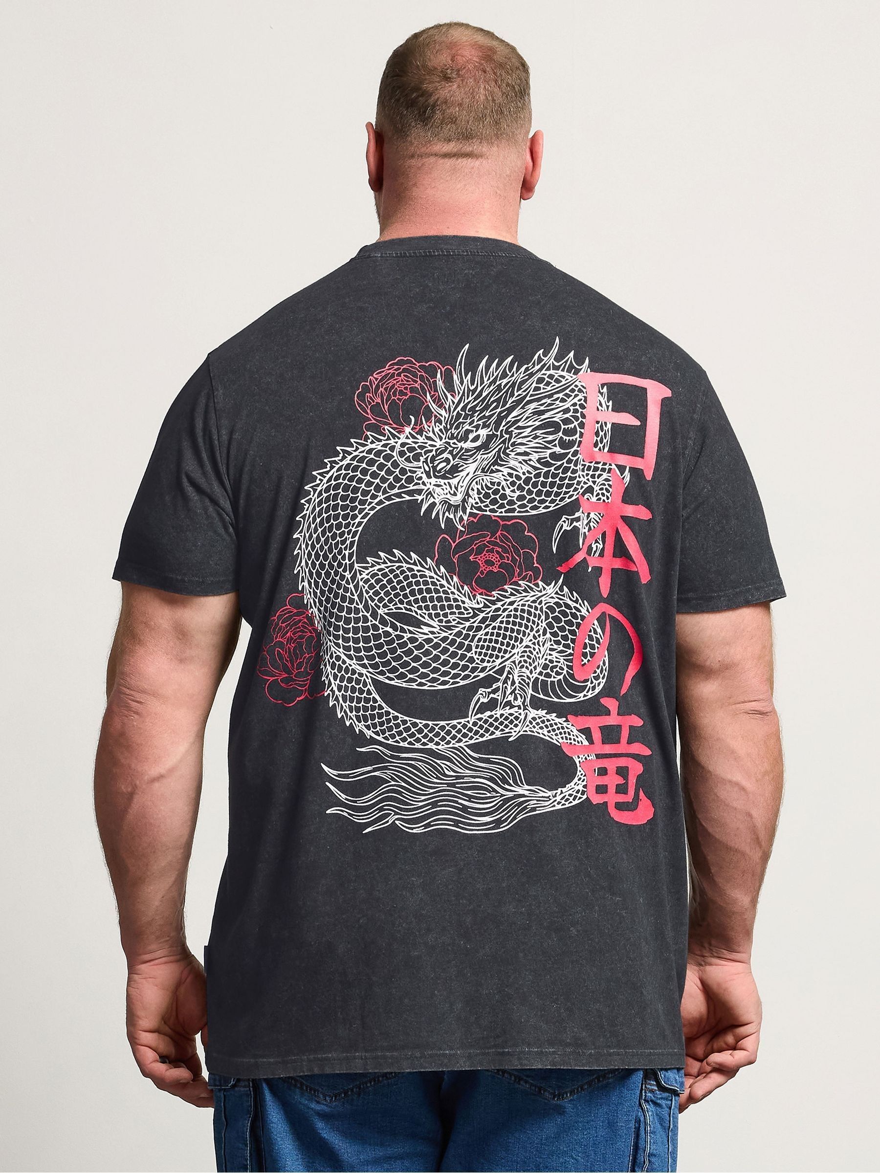 Buy BadRhino Big & Tall Black Longline Acid Wash Dragon Print T
