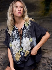 Religion Black Taylor Loose Blouse With Floral Placement Print And Neck Tie With Skull Charms - Image 3 of 4