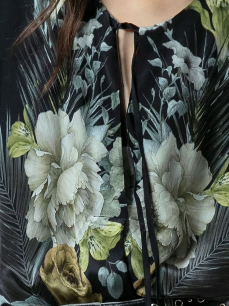 Religion Black Taylor Loose Blouse With Floral Placement Print And Neck Tie With Skull Charms - Image 4 of 4