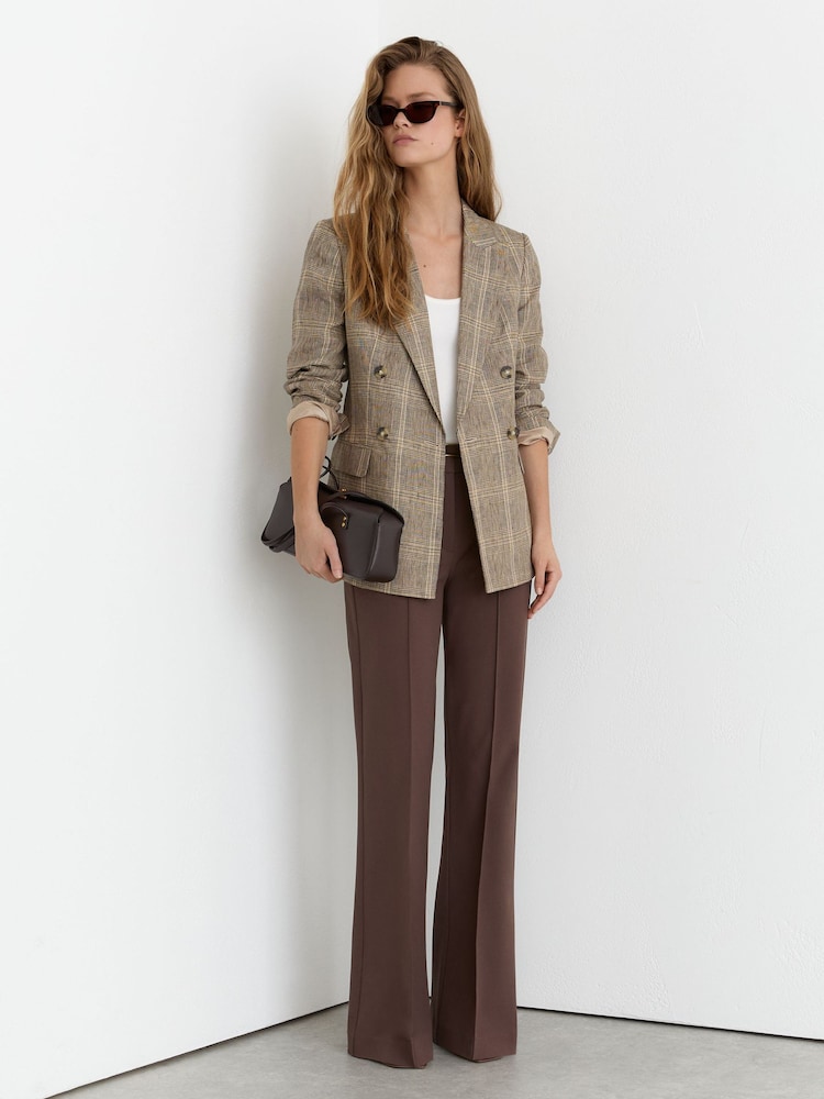 Reiss Neutral Check Sybil Petite Linen Double-Breasted Check Blazer - Image 1 of 7