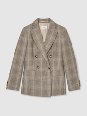 Reiss Neutral Check Sybil Petite Linen Double-Breasted Check Blazer - Image 2 of 7