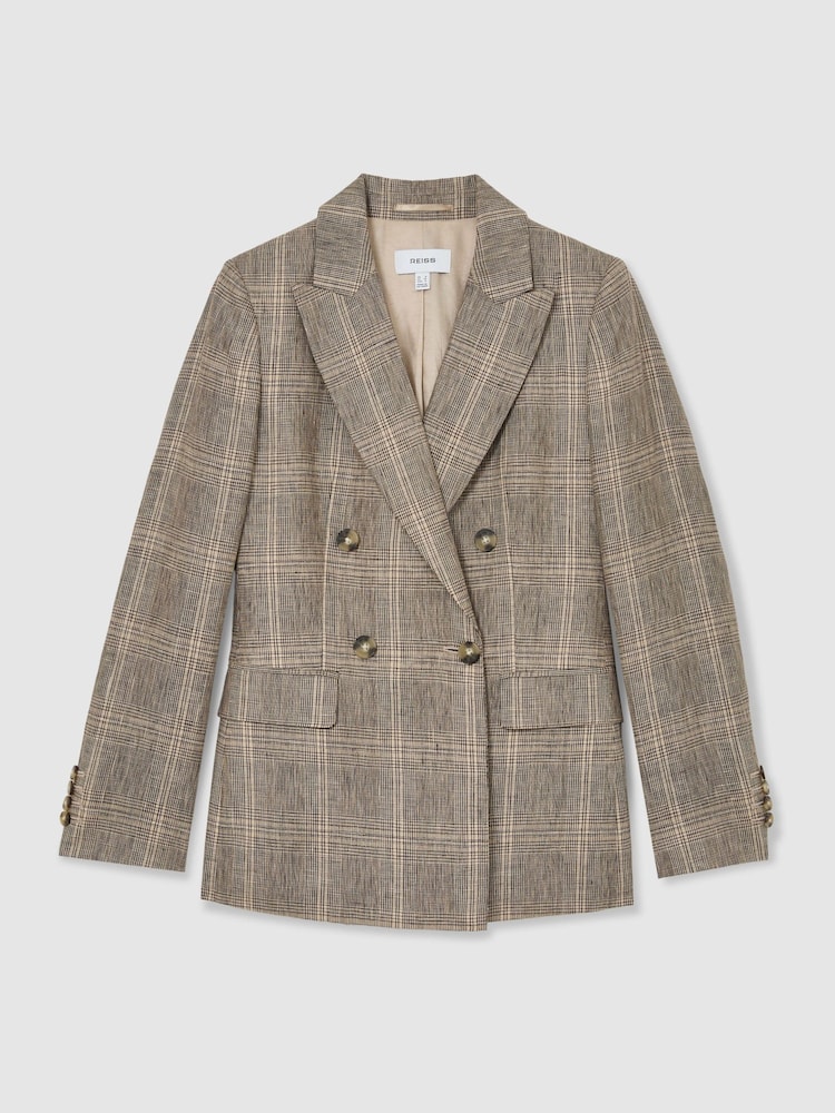 Reiss Neutral Check Sybil Petite Linen Double-Breasted Check Blazer - Image 2 of 7