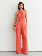 Reiss Coral Pink Akia Twist-Front Halterneck Wide-Leg Jumpsuit - Image 1 of 8