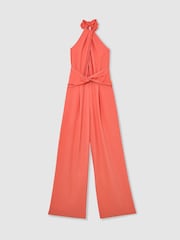 Reiss Coral Pink Akia Twist-Front Halterneck Wide-Leg Jumpsuit - Image 2 of 8