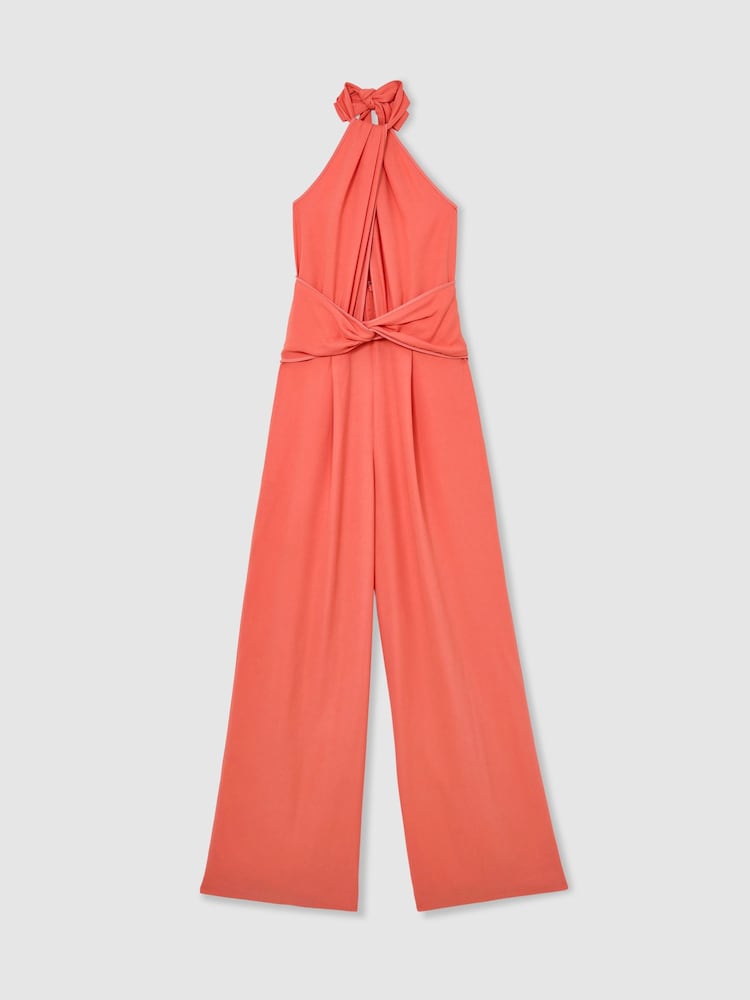 Reiss Coral Pink Akia Twist-Front Halterneck Wide-Leg Jumpsuit - Image 2 of 8