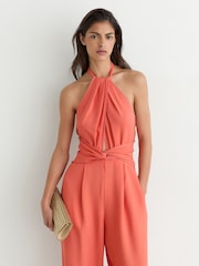 Reiss Coral Pink Akia Twist-Front Halterneck Wide-Leg Jumpsuit - Image 5 of 8