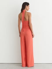 Reiss Coral Pink Akia Twist-Front Halterneck Wide-Leg Jumpsuit - Image 6 of 8