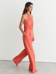 Reiss Coral Pink Akia Twist-Front Halterneck Wide-Leg Jumpsuit - Image 7 of 8