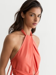 Reiss Coral Pink Akia Twist-Front Halterneck Wide-Leg Jumpsuit - Image 8 of 8