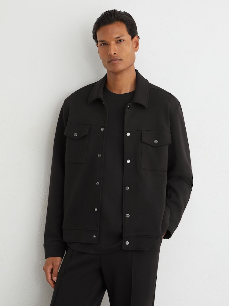 Reiss Black Thom Premium Interlock Twin-Pocket Overshirt - Image 1 of 8