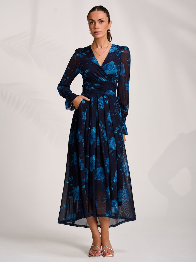 blue mesh dress long sleeve Kaitlin One Shoulder Slinky And Mesh Maxi Dress