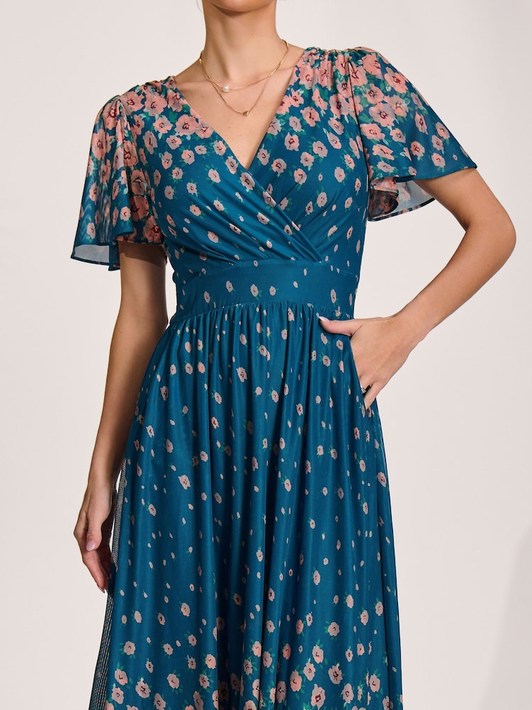 Jolie Moi Blue Mesh Short Sleeve Midaxi Dress - Image 6 of 6