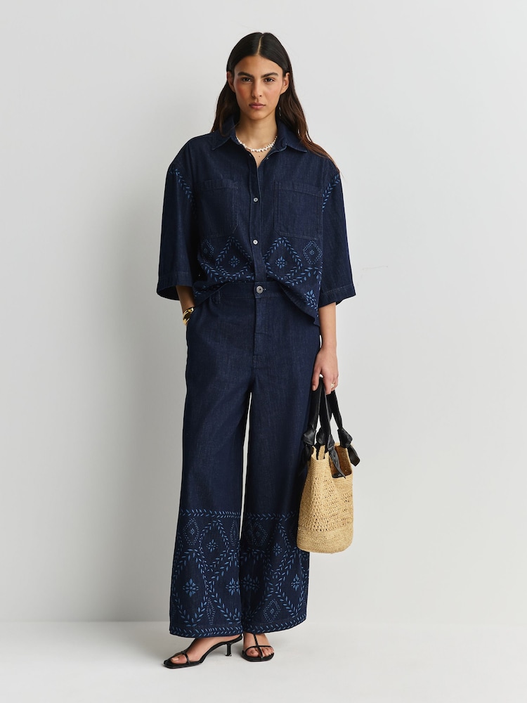 Weekend MaxMara Blue Lampada Denim Print Trousers - Image 1 of 6 Weekend MaxMara Blue Lampada Denim Print Trousers - Image 1 of 6