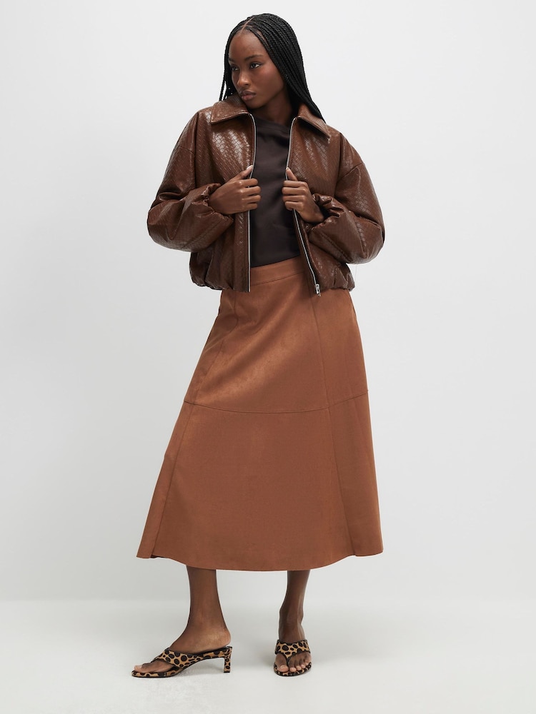 River Island Brown Faux Suede Full Circle Midi Skirt - Image 1 of 4