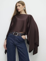 River Island Brown Satin Waterfall Cape Top - Image 1 of 4